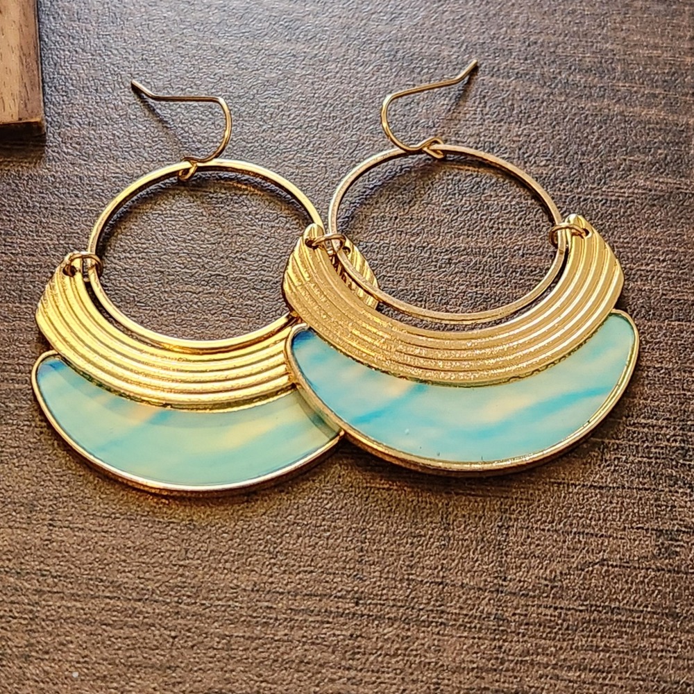 Gold Tone Tiered Crescent Marbled Turquoise Enamel‎ Hoop Earrings Boho Statement